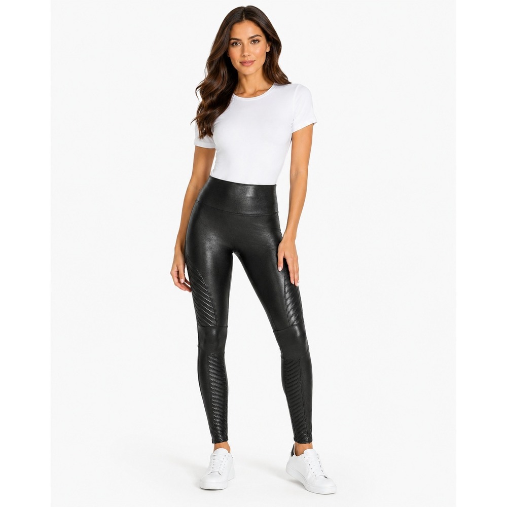 Spanx Faux Leather Moto Leggings Very Black High Waisted Size Large 20136R